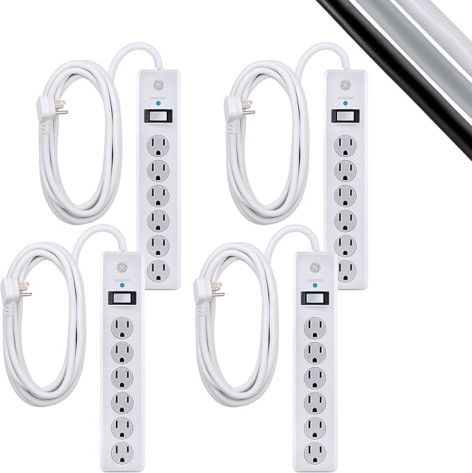 GE home electrical GE 6-Outlet Surge Protector, 4 Pack, 15 Ft Extension Cord, Power Strip, 800 Joules, Flat Plug, Twist-to-Close Safety Covers, Protected Indicator Light, UL Listed, White, 54651