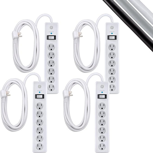 GE home electrical GE 6-Outlet Surge Protector, 4 Pack, 15 Ft Extension Cord, Power Strip, 800 Joules, Flat Plug, Twist-to-Close Safety Covers, Protected Indicator Light, UL Listed, White, 54651