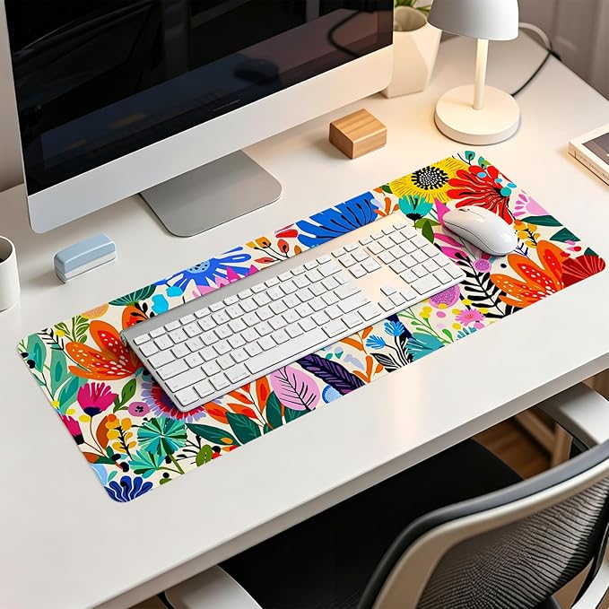 Boho Colorful Botanical Wildflower Mouse Pad,XL Large Floral Aesthetic Bright Maximalist Desk Mat,Folk Art Botanical Flower Mousepad for Home Office Dorm Desktop Decor,31.5x11.8 Inch