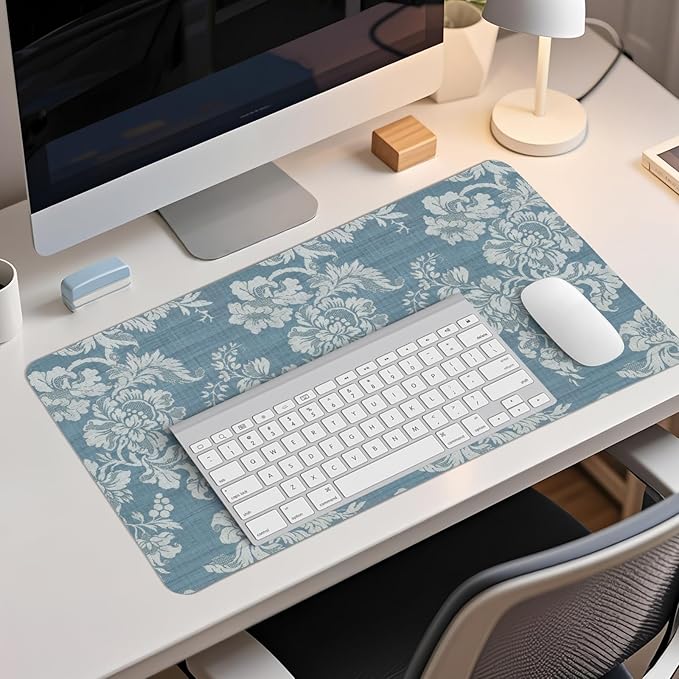 Blue Chinoiserie Mouse Pad,Vintage Blue and White Floral Desk Mat,Big Large Vintage Floral Preppy Trendy Mouse Pad,Girly Gaming Mousepad,Girly Laptop Desk Mat for Dorm Home Office,23.6x11.8 In