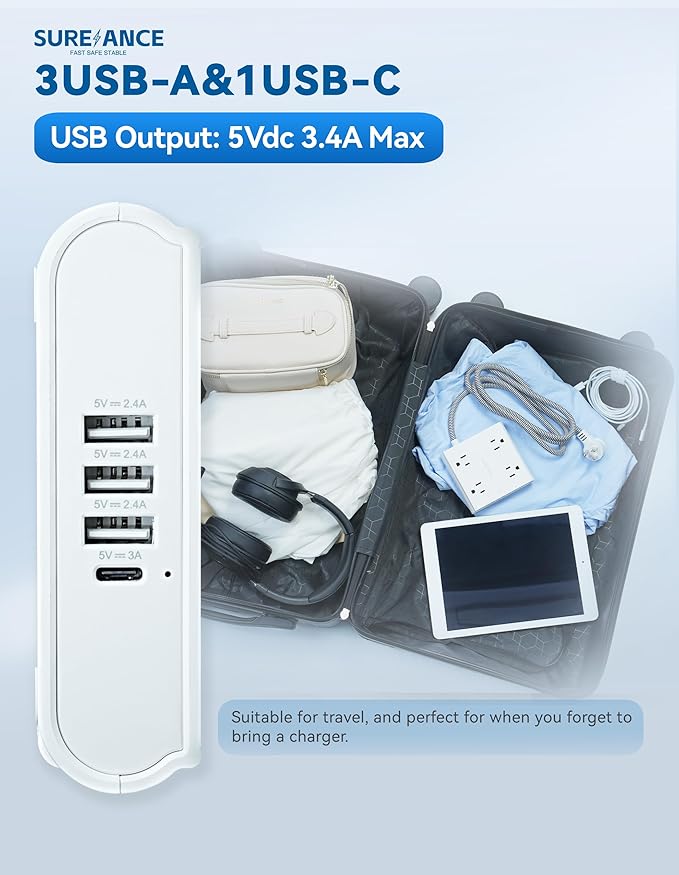4-Outlet Power Strip with USB C-SUREANCE Surge Protector, 4 USB Ports, 1050J, 5FT Extension Cord, Flat Plug, Wall Mountable, ETL Listed - Desktop Charging Station for Home, Office, Dorm Essentials
