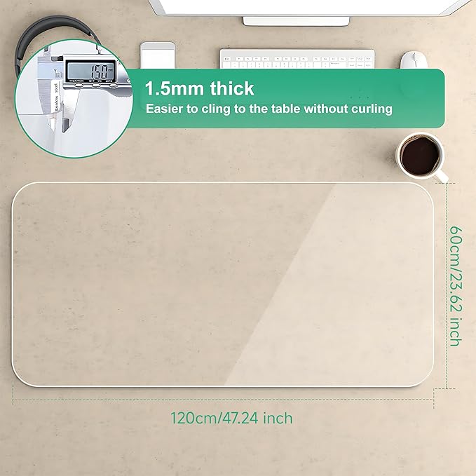NATRKE Clear Desk Mat, 47.2"x23.6" PVC Transparent Pad, Protector Mat with Round Edge, Heat Resistant & Waterproof Clear Desk Writing Pad, Non-Slip Plastic Desk Pad for Desktop Home