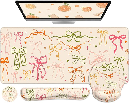 iLeadon Desk Protector Mat, Non Slip Long Mouse Pad and Keyboard Wrist Rest, Carpal Tunnel Mouse Pad and Computer Wrist Support, Soft Ergonomic Keyboard Pad with Wrist Support for Women Office (Bow)