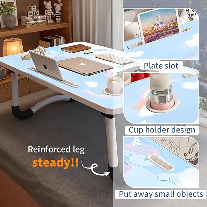 Kawaii Laptop Desk Foldable Kawaii Bed Desk Table Cute Folding Breakfast Tray Portable Lap Standing Desk Notebook Stand Reading Holder for Bed/Couch/Sofa/Floor (Blue)
