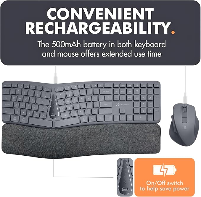 X9 Gray Ergonomic Keyboard and Mouse Wireless Combo - Split Keyboard and Mouse Set, Bluetooth/2.4G, Soft Wrist Rest, Rechargeable, Silent Keys, Multi-Device for Laptop, PC, Mac, iOS, Android