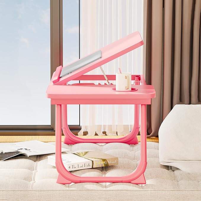 Laptop Desk for Bed, Adjustable Laptops Stand with 5 Adjustable Angles, Portable Lap Tray Table with Cup Holder, Laptop Bed Desk Tray for Eating Working Writing Reading (Pink)