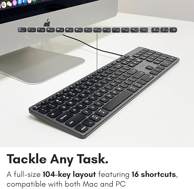 Macally Premium Wired USB C Keyboard with USB Ports - Connect Up to 3 Devices - (2X USB-A |1x USB-C Ports) - Wired Keyboard for Mac Mini/Pro, iMac, Macbook, iPad, and PC - Full Size Type-C Keyboard