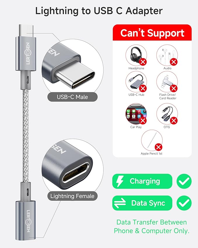 2 Pack Lightning to USB C Adapter, Fast Charging & Data Sync Adapter for iPhone 17 16 15 Pro Max Plus to USB-C, Compatible with Samsung S25/S24/S23, Not for Audio/OTG