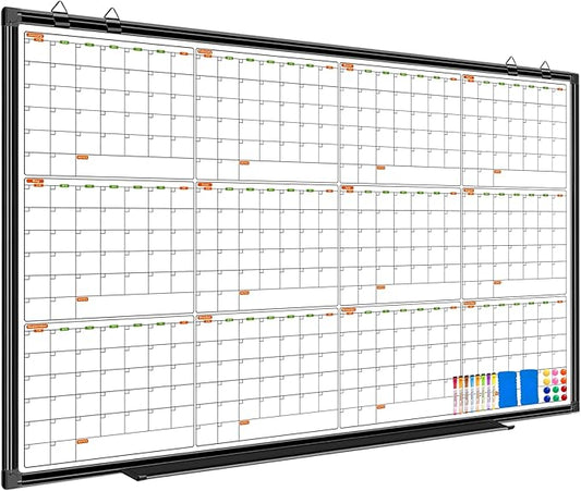 12 Month Calendar Whiteboard for Wall, 72" x 40" Large Wall Calendar Dry Erase with Tray, Magnetic Dry Erase Calendar for Wall Mounted Bulletin Board for Home Classroom Office Organization