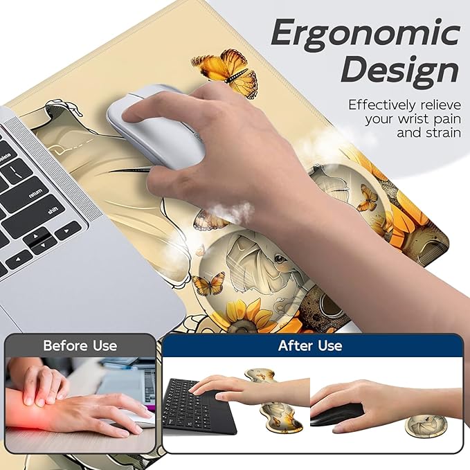 Gaming Mouse Pad Set, Cute Elephant Large Desk Mat Mousepad, Keyboard Wrist Support, Mouse Wrist Rest, Coaster 4in1 Ergonomic Memory Foam, Non-Slip Stitched Edge for Home Office
