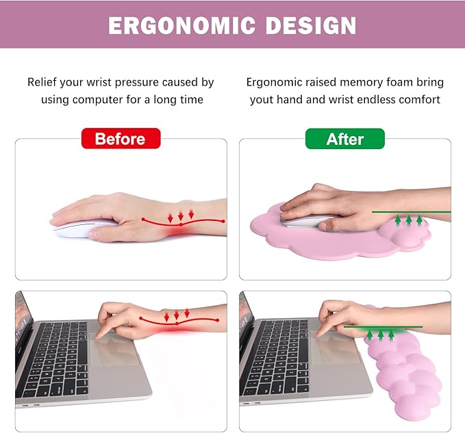 Cloud Keyboard Wrist Rest and Mouse Pad with Wrist Support Set, Ergonomic PU Leather Mouse Pads, Pain Relief Memory Foam Non-Slip Mousepad for Computer,Laptop,Pink