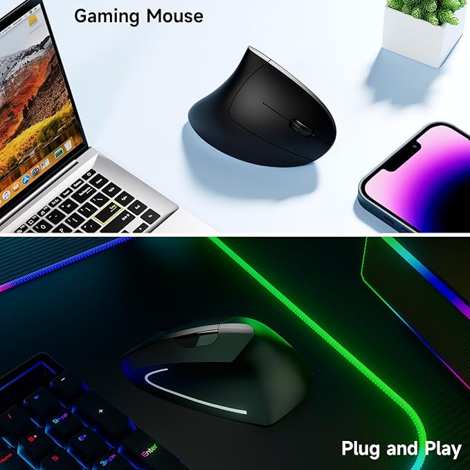 Ergonomic Vertical Wireless Mouse Stylish Rechargeable 2.4G Optical Mice Cordless Mouse with USB Receiver, 800/1200 /1600 DPI, 5 Buttons for Laptop,PC,Mac,Computer (Black)