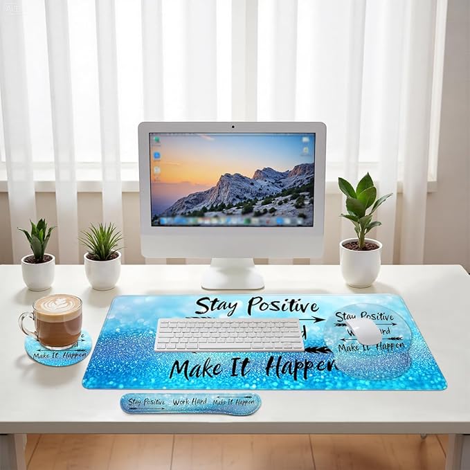 Motivational Quote Mouse Pad Set Stay Positive Work Hard Blue Gaming Mousepad 4in1 Desk Mat for Desktop Anti-Slip XXL Big Computer Ergonomic Mousepad with Wrist Support for Keyboard and Mouse