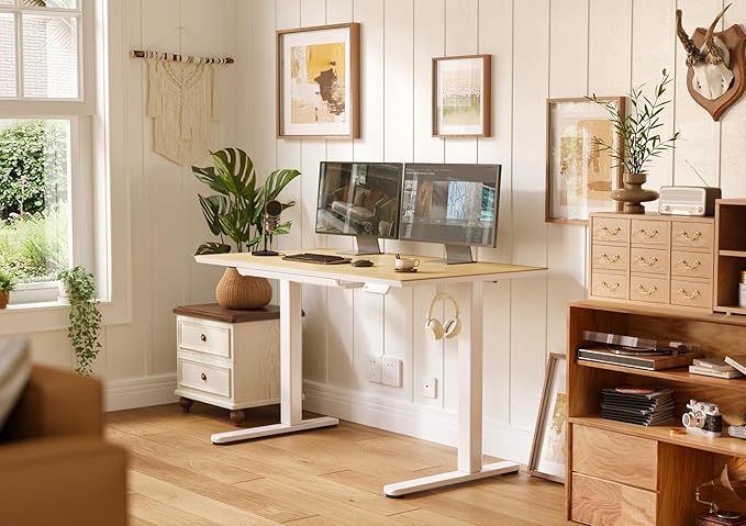INNOVAR Bamboo Standing Desk with Drawers,55 Inch Adjustable Stand Up Desk,Quick Install Electric Home Office Stand Desks with Whole-Piece Board,Adjustable Height Computer Desks,White Frame/Bamboo Top