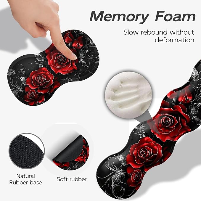 Gaming Mouse Pad Set, Swirl red Roses Large Desk Mat Mousepad, Keyboard Wrist Support, Mouse Wrist Rest, Coaster 4in1 Ergonomic Memory Foam, Non-Slip Stitched Edge for Home Office