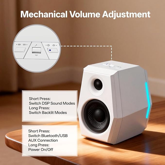 Sanyun SW209 36W Immersive Gaming Speakers with DSP 3 Sound Modes, 24bit USB DAC & Bluetooth 5.2, 2.0 RGB PC Multimedia Speakers for Desktop Monitor Laptop (Game/Movie/Music, White)