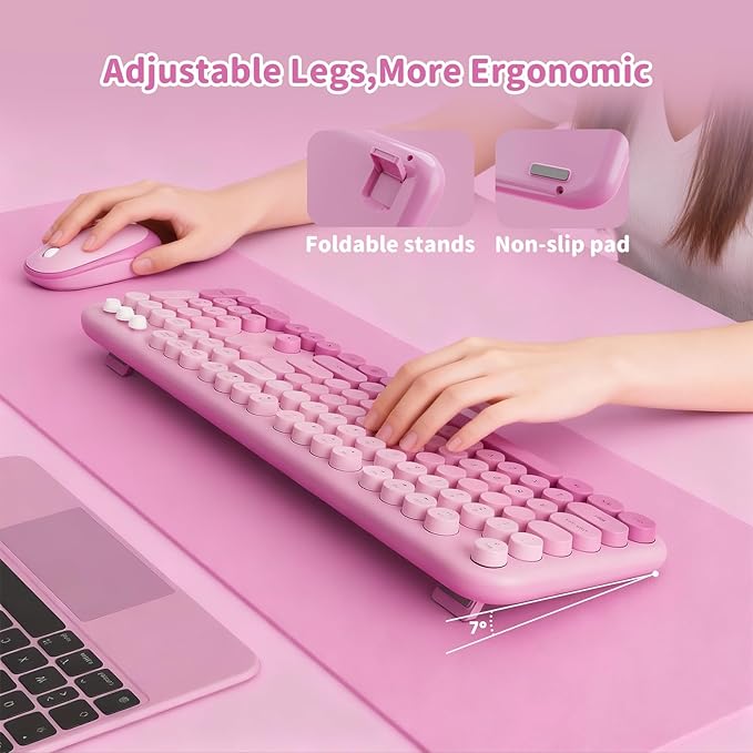 Wireless Keyboard and Mouse Combo, 2.4GHZ Typewriter Retro Full Size Keyboards, Cute Colorful Computer Keyboard and Wireless Mouse for Laptop/Desktop/Windows/PC (Pink Gradient)