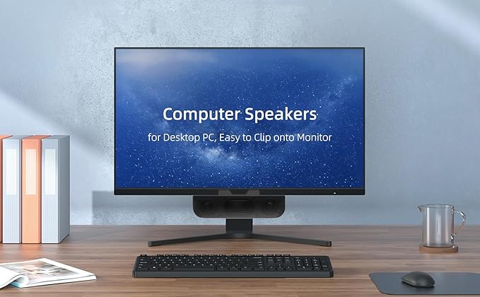 Computer Speakers for Desktop PC, Monitor Speakers, USB Plug-in, Wired, External Speaker for Laptop, Small Computer Soundbar for PC, with Loud Sound, Deep Bass, USB-C Adapter, Easily Clamp to Monitor