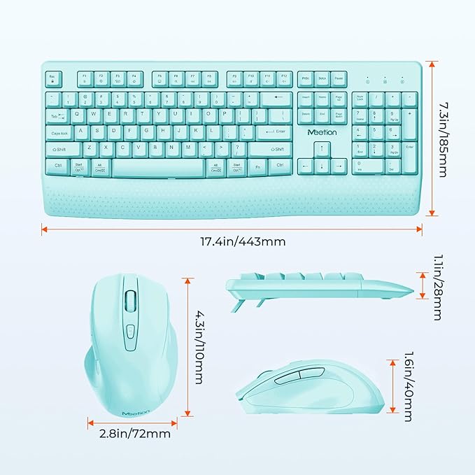 MEETION Wireless Keyboard and Mouse, Full-Sized Cordless Keyboard with Wrist Rest, 3 DPI Adjustable Mouse, 2.4GHz USB-A Receiver, Computer Keyboard for PC/Computer/Laptop/Windows/Mac, Blue