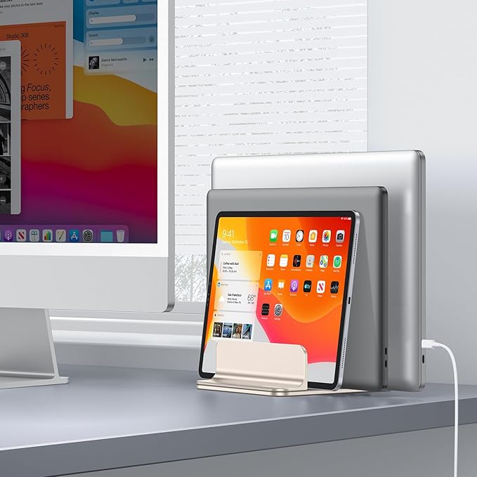 OMOTON 3-Slot Vertical Laptop Stand, Desktop Aluminum Stand for MacBook with Adjustable Dock Size, Fits All MacBook, Surface, Chromebook and Gaming Laptops (Up to 17.3 inches), Starlight