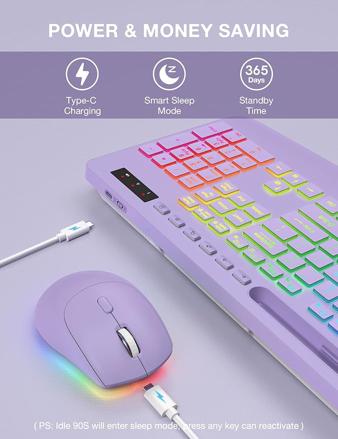 SABLUTE Wireless Keyboard and Mouse Combo, 9 Backlit Effects, Wrist Rest, Phone Holder, 2.4G Lag-Free Ergonomic Keyboards, KM22 MAX Rechargeable Silent Set for Computer, Laptop, Mac, Windows（Purple）