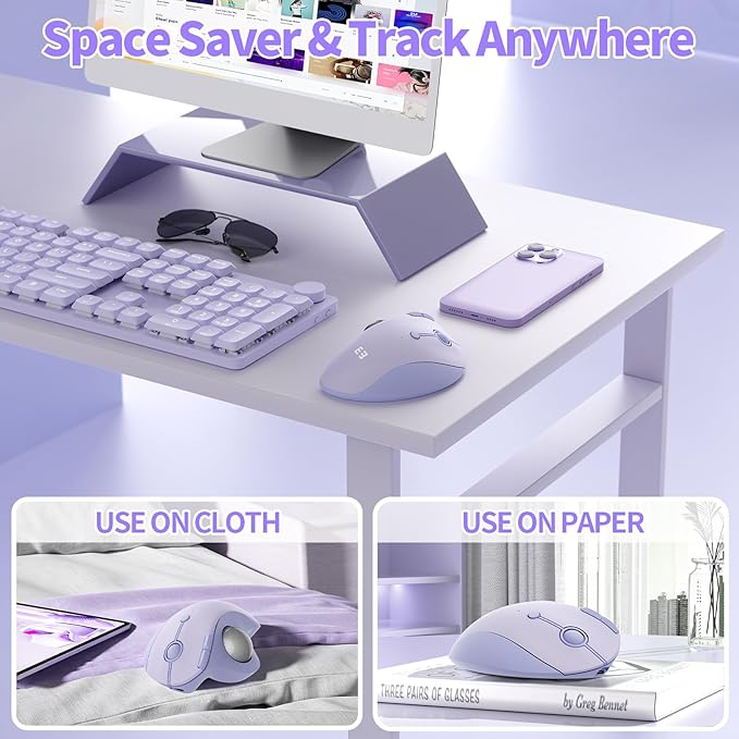seenda Wireless Trackball Mouse, Bluetooth - Ergonomic Rollerball Mouse Rechargeable, 3 Device Connection Optical Mice Adjustable DPI Thumb Control Mice Compatible for Mac/Android/Windows-Light Purple