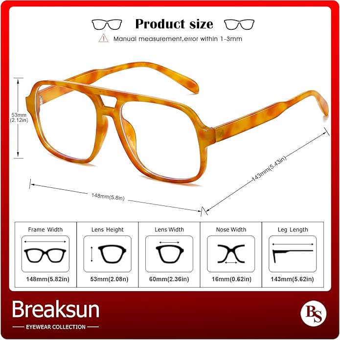 Oversized Square Aviator Glasses for Women Men Big Frame Retro Blue Light Blocking Glasses Vintage Style