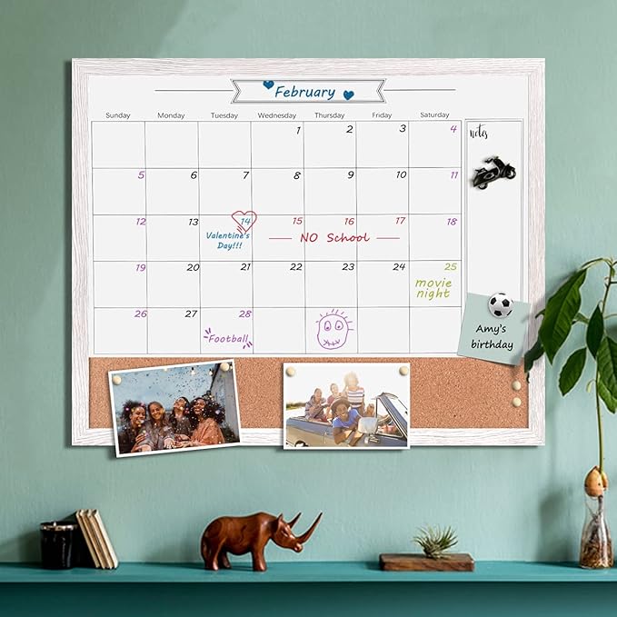 Dry Erase Calendar Whiteboard for Wall, Combination Magnetic Dry Erase White Board & Bulletin Board, 17.7" x 21.6" White Wood Framed Calendar/Cork Combo Board(WH-4555)