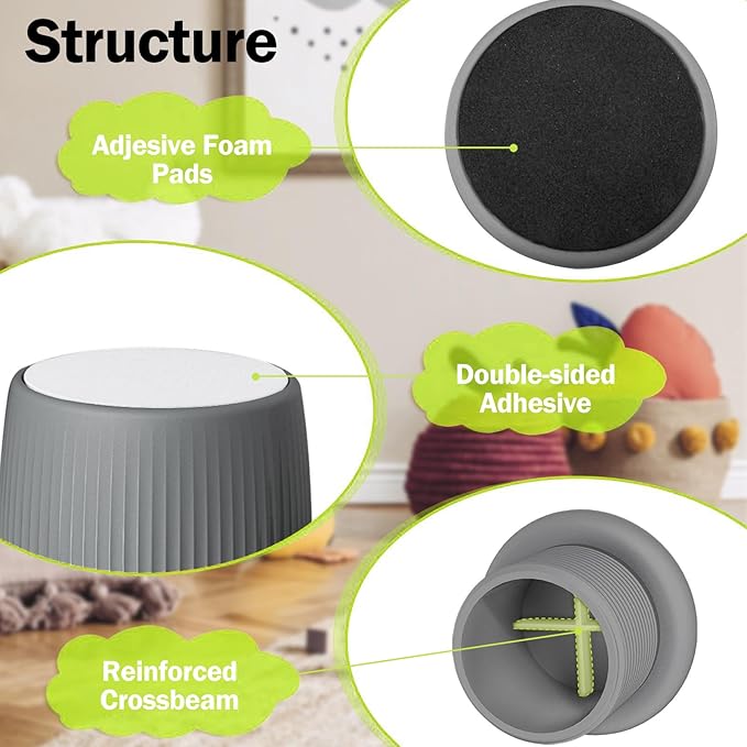 1.6-2.6 Inch Adjustable Bed Risers, Durable ABS & Anti Slip Bed Stoppers for Headboard, Suitable for Small Furniture Risers, Such As Table Risers, Chair Risers, Desk Leg Riser, Gray 4 Pack