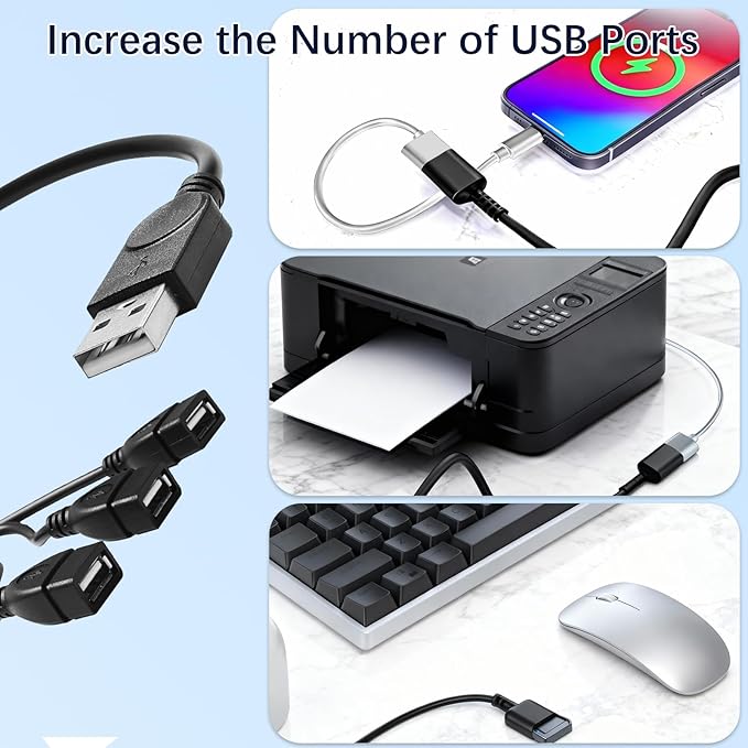 USB Splitter (1Ft),USB Male to 3 Female 1 in 3 Out Y Splitter Charging Cable Portable USB 2.0 Hub for PC Laptop MacBook Keyboard PS5 Flash Drive LED Etc