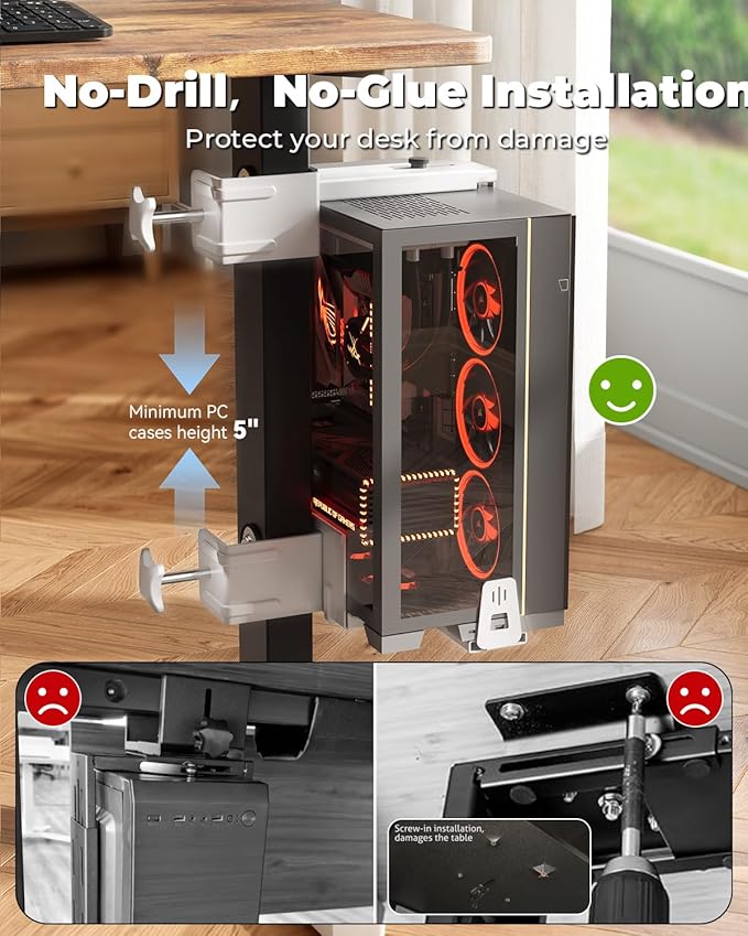 JOY worker Upgraded Under Desk PC Mount for Standing Desk, Clamp-On Desk Leg Computer Mount with Extra Protective Arms, Adjustable Computer Case CPU Holder Holds Up to 44lbs, White