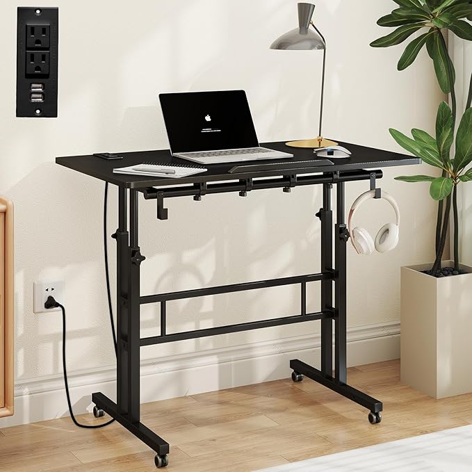 SIDUCAL Portable Standing Desk Adjustable Height, Rolling Computer Desk on Wheels, Mobile Home Office Workstation with USB Ports and Outlets, Laptop Cart for Standing or Sitting, 31.5" x 23.6" Black