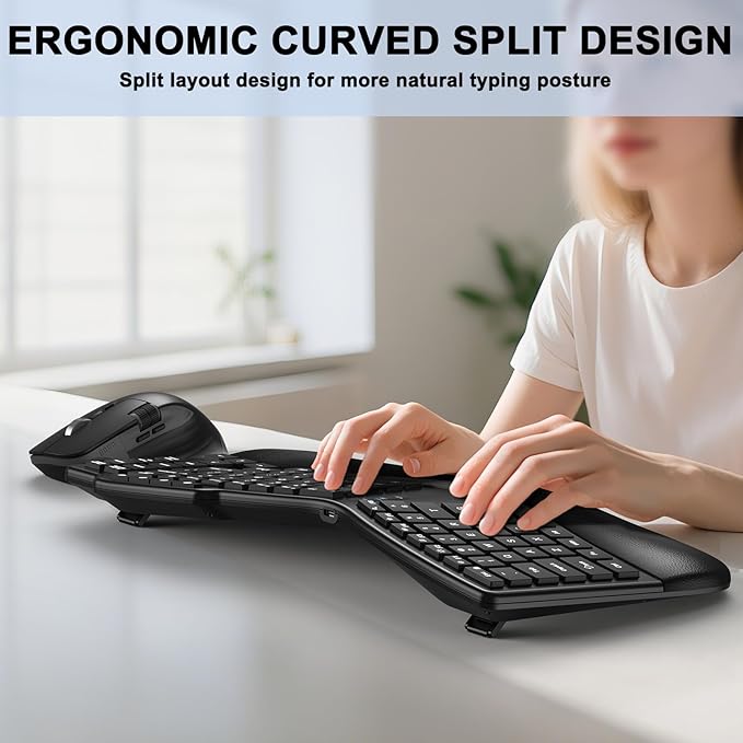 Ergonomic Wireless Keyboard Mouse, Wave Key Bluetooth/2.4G Split Design Ergo Keyboard Mouse Combo with Cushioned Palm Rest, Multi-Device, Rechargeable, for Multi-OS, Windows/Mac/Android