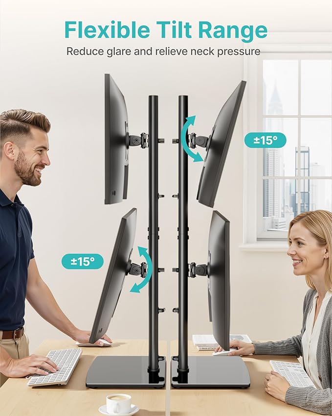 Vertical Dual Monitor Stand for 17–34 Inch Screens, Stacked Monitor Mount, Holds up to 33 lbs per Arm, Tabletop Screens Riser with Full Motion, 33.3" Pole 12 Height Settings, 75/100 VESA