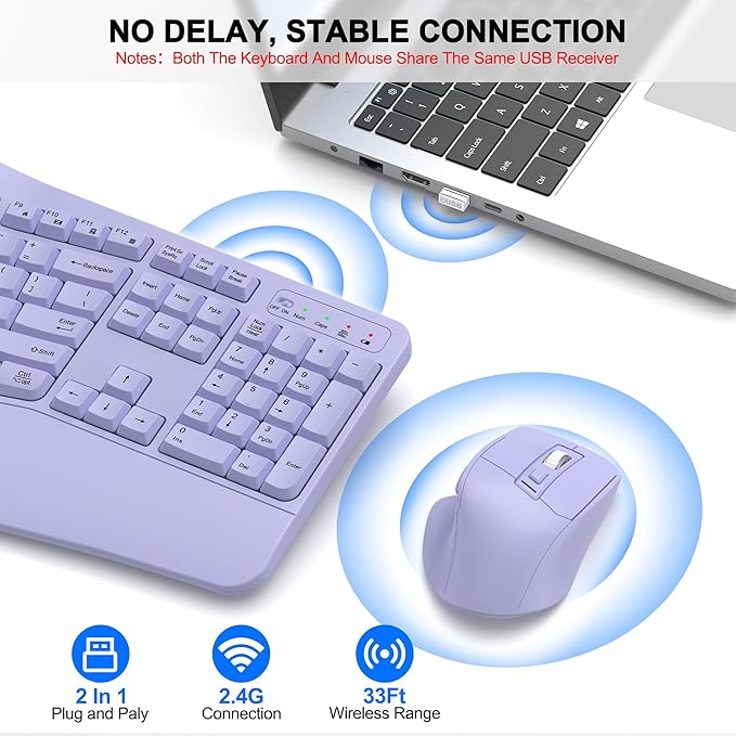 Wireless Keyboard and Mouse Combo, 2.4G Full Size Wave Keys Ergonomic Keyboard with Wrist Rest and 3-Level DPI Adjustable Wireless Ergonomic Mouse for Windows, Mac OS Desktop/Laptop/PC(Purple)