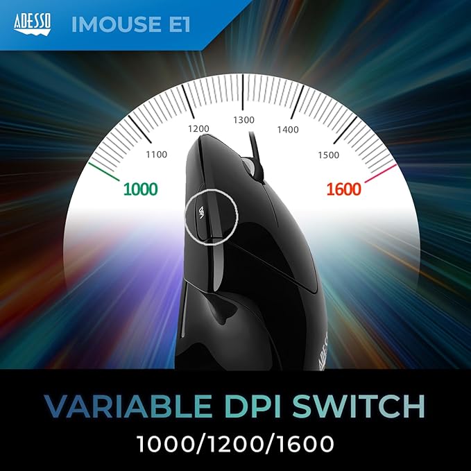 Adesso Wired Vertical Ergonomic Illuminated Optical 6-Button USB Mouse - Right Hand Orientation, Black