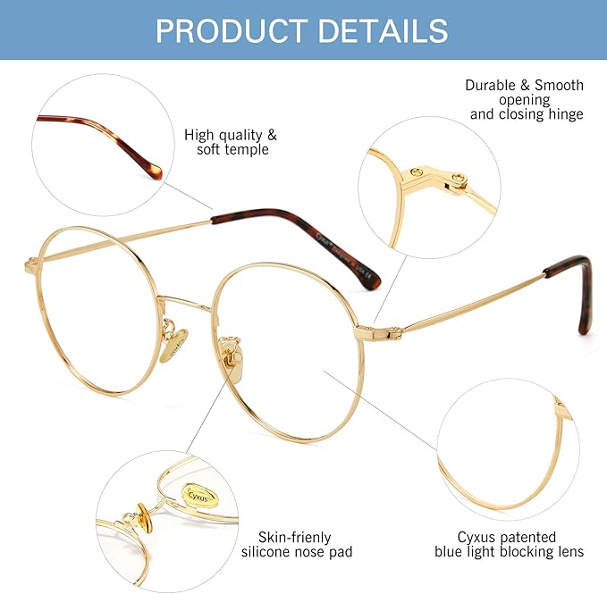 Cyxus Blue Light Glasses for Men and Women, Round Metal Frame Computer Eyeglasses for Office, Gaming, Reading 8090