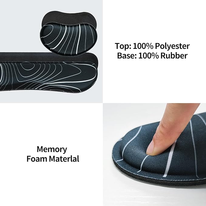 Bloss Keyboard Mouse Pad Set, Large Gaming Desk Pad+Keyboard Wrist Rest+Mouse Wrist Cushion+Coaster, Non-Slip Desk Mat, Home Office Essentials-Black and White Topography (35.4 x 15.7 Inches)