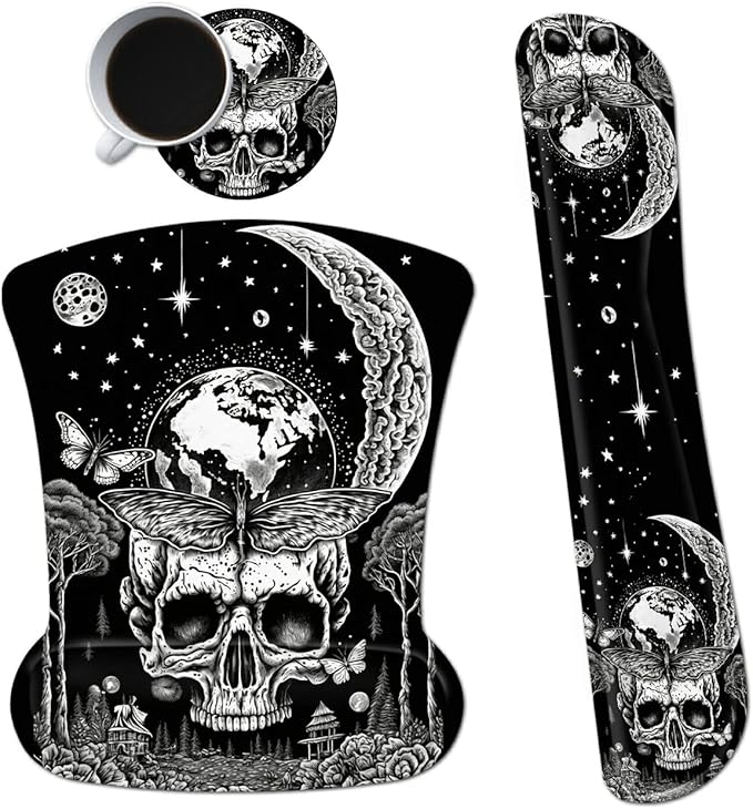 Ergonomic Mouse Pad with Wrist Support Gel Mouse Pads and Upgrade Keyboard Wrist Rest Pad Set, Coasters Non-Slip PU Base Mouse Mat for Office Gaming Computer Laptop Home, Skull Moon Butterfly