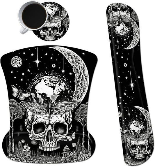 Ergonomic Mouse Pad with Wrist Support Gel Mouse Pads and Upgrade Keyboard Wrist Rest Pad Set, Coasters Non-Slip PU Base Mouse Mat for Office Gaming Computer Laptop Home, Skull Moon Butterfly