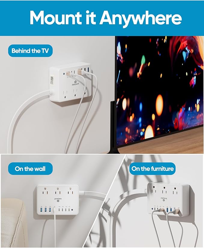 100W Charging Station, 6 AC Outlets 8 USB Power Strip with 2000J Surge Protector, 5ft Flat Plug Extension Cord, Compact for Desk Home Office Dorm, White