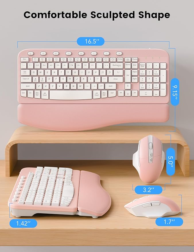 SABLUTE Wireless Keyboard and Mouse Combo, Ergonomic Wave Keys, Cushioned Plam Rest, Comfortable Silent Natural Typing, 2.4G Lag-Free, MA12 Full Size Keyboards Set for Multi-OS, Windows/Mac, Pink