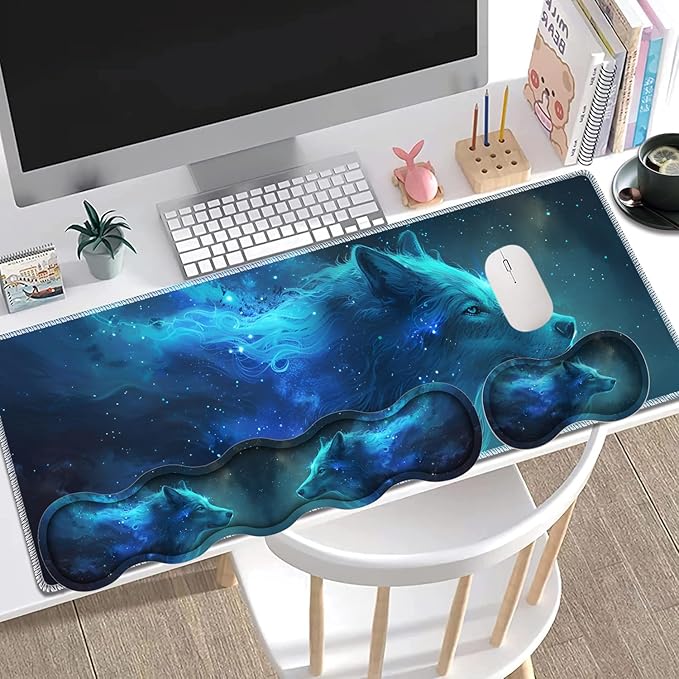 Large Gaming Mouse Pad + Keyboard Wrist Rest + Wrist Support + Coaster Set, Memory Foam Ergonomic for Easy Typing, XXL Extended Gaming Mouse Pad Table Pad - Nebular Wolf