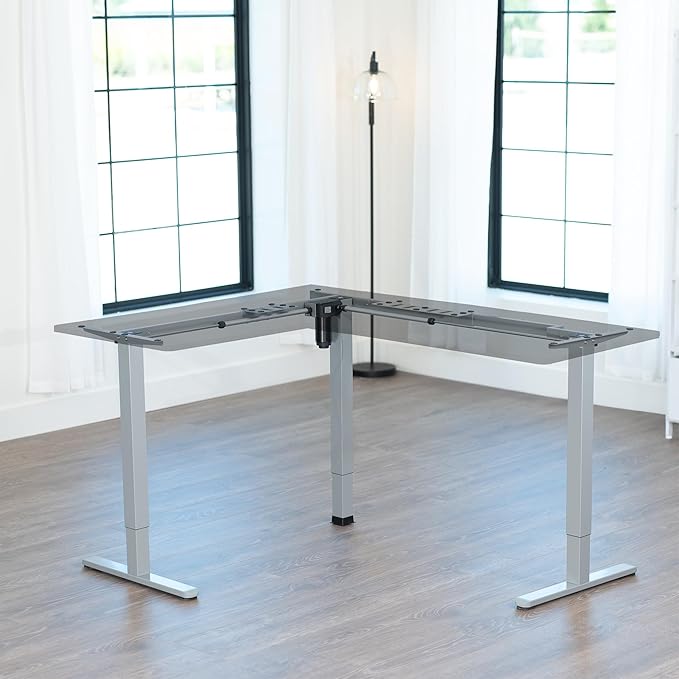 VIVO Medium Electric Single Motor Height Adjustable 3-Leg Corner Desk Standing Frame, Holds up to 225 lbs, Sit Stand L-Shaped Motorized Legs Only, Gray, DESK-E355G