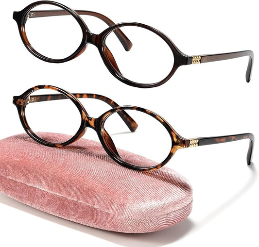 Slocyclub 2 pack Fashion Oval Glasses for Women Men Vintage Oval Small Frame Eyeglasses Retro Blue Light Blocking Glasses with Eyeglass Case, Brown and Whiskey Tortoise