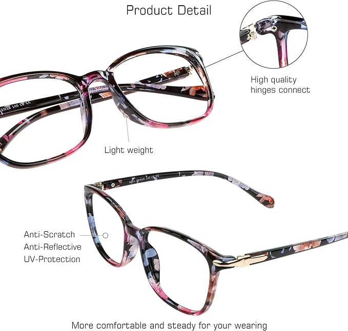 VisionGlobal Blue Light Blocking Glasses for Women, Anti Eyestrain, Computer Reading, TV Glasses, Stylish Square Frame, Anti Glare(No Magnification)