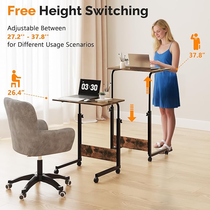 FCH Portable Computer Workstation, Standing Desk Adjustable Height, Small Computer Desk w/Rolling, Sit Stand Laptop Desk TV Tray for Bed Sofa Hospital Reading Eating, Rustic Brown, 23.6"