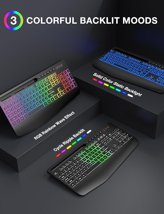 Wireless Keyboard with 8 Colored, 9 Effects Backlits, Wrist Rest, Phone Holder, Rechargeable Ergonomic Computer Keyboard with Silent Keys, 2.4G Lag-Free Cordless Set for PC, Laptop, Windows, MacBook