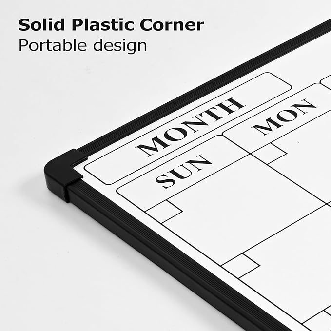 Monthly Whiteboard Calendar for Wall, 24" x 18" Dry Erase Board with Plastic Frame, Hanging Dry Erase Calendar with 3 Mini Sticky Notes for Kitchen Planner, Memo, Home and Office, Black