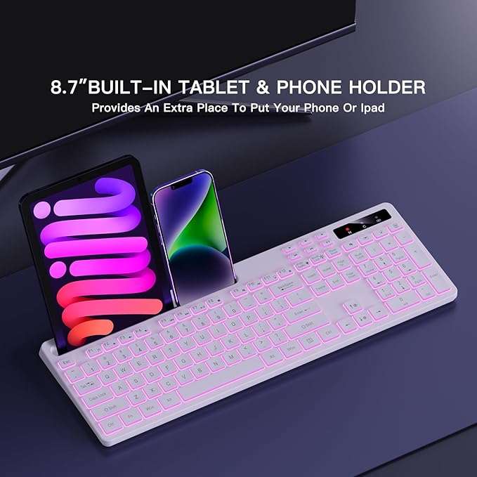 Wireless Keyboard with 7-Color RGB Backlit, Full-Size Computer Keyboard with Phone Tablet Holder, 2.4G Rechargeable Gaming Keyboard with Light Up Keys, Compatible with Mac, Windows (White)